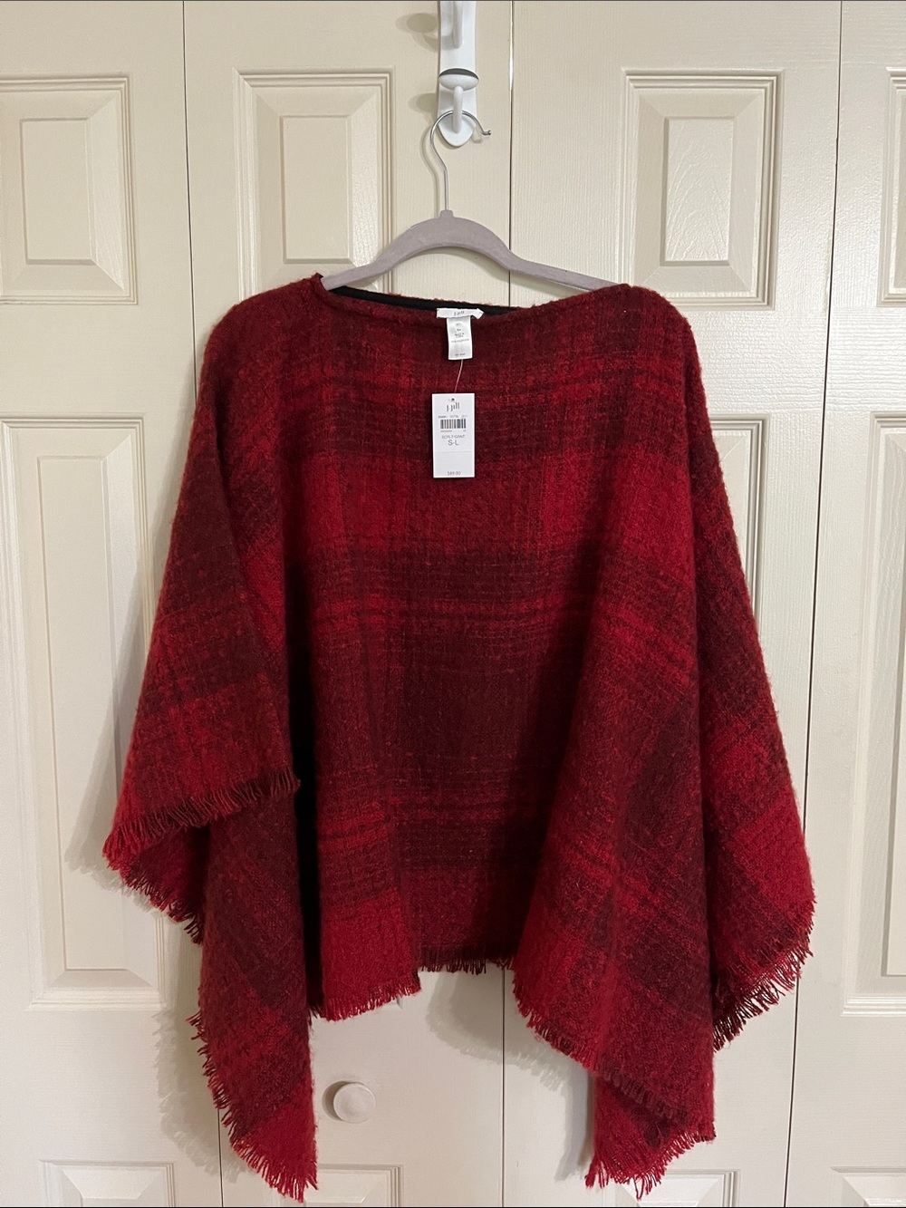 J. Jill Red Plaid Fringe Poncho Cape